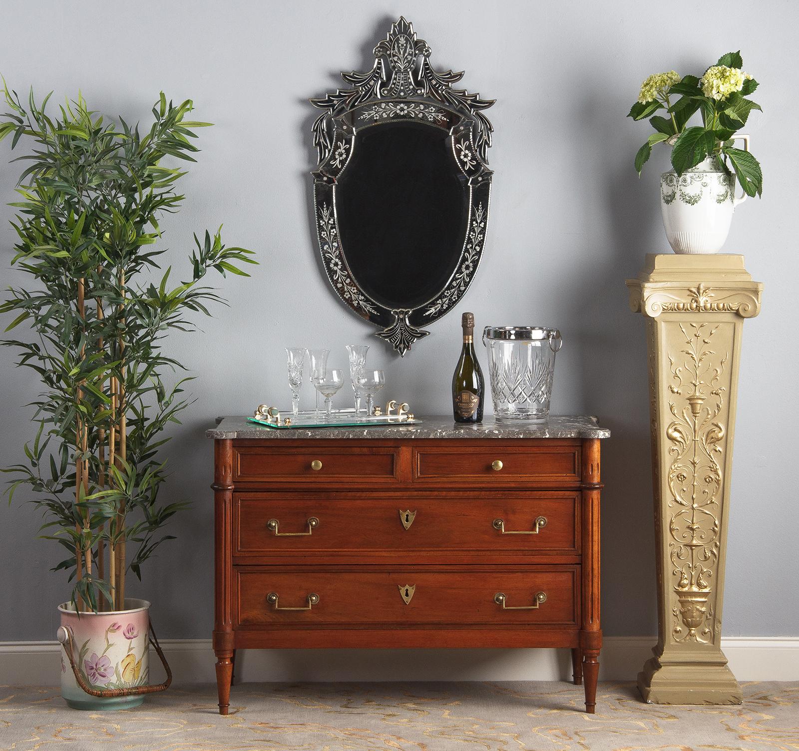 French Louis XVI Style Walnut Chest of Drawers with Marble Top, Late 1800s 11