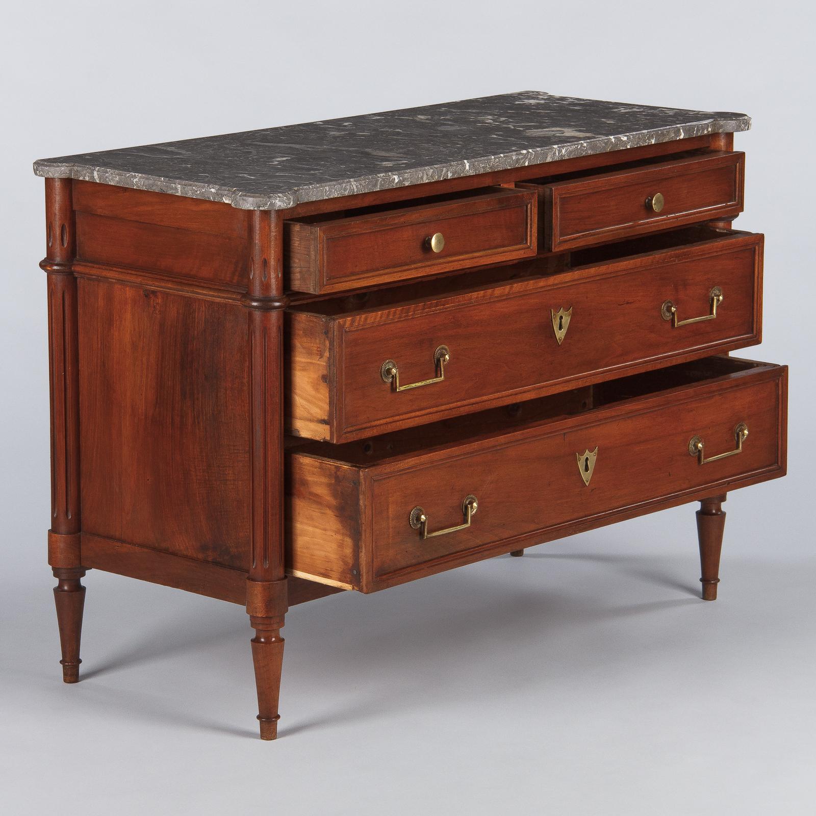 French Louis XVI Style Walnut Chest of Drawers with Marble Top, Late 1800s In Good Condition In Austin, TX