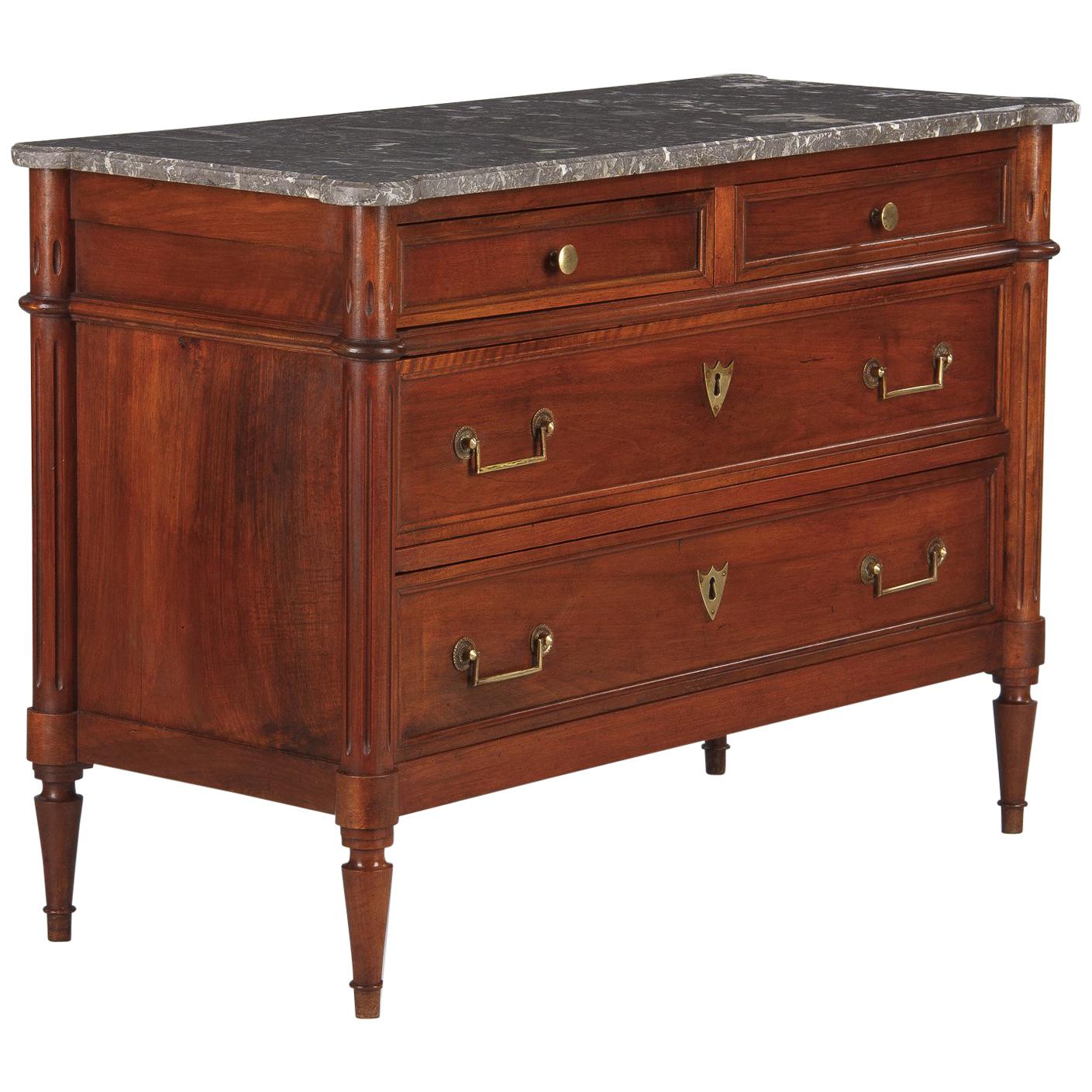French Louis XVI Style Walnut Chest of Drawers with Marble Top, Late 1800s