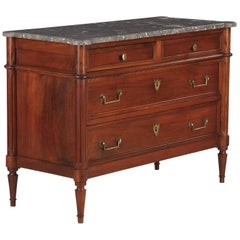 French Louis XVI Style Walnut Chest of Drawers with Marble Top, Late 1800s