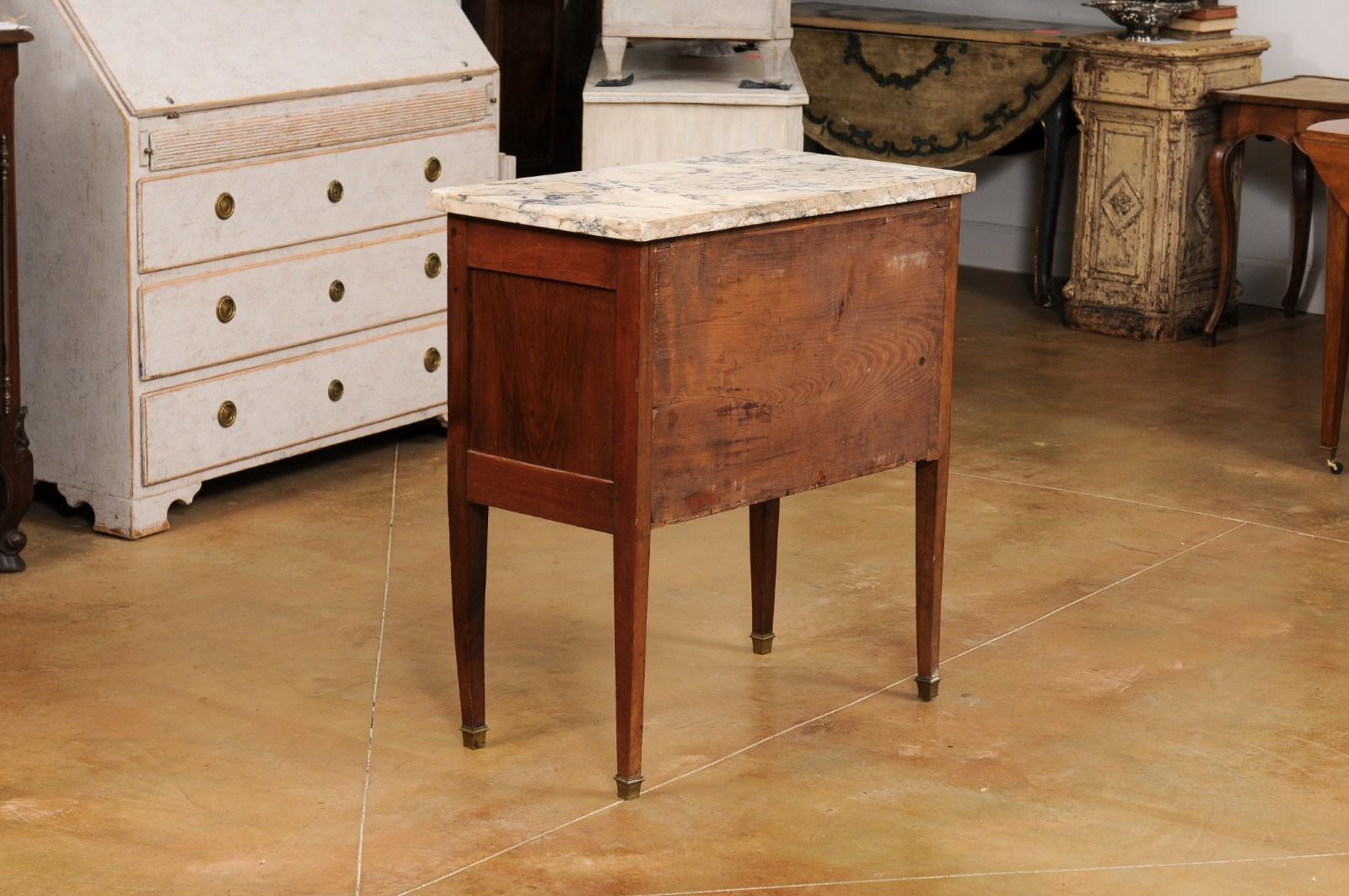 French Louis XVI Style Walnut Commode with Variegated Marble Top and Two Drawers 6