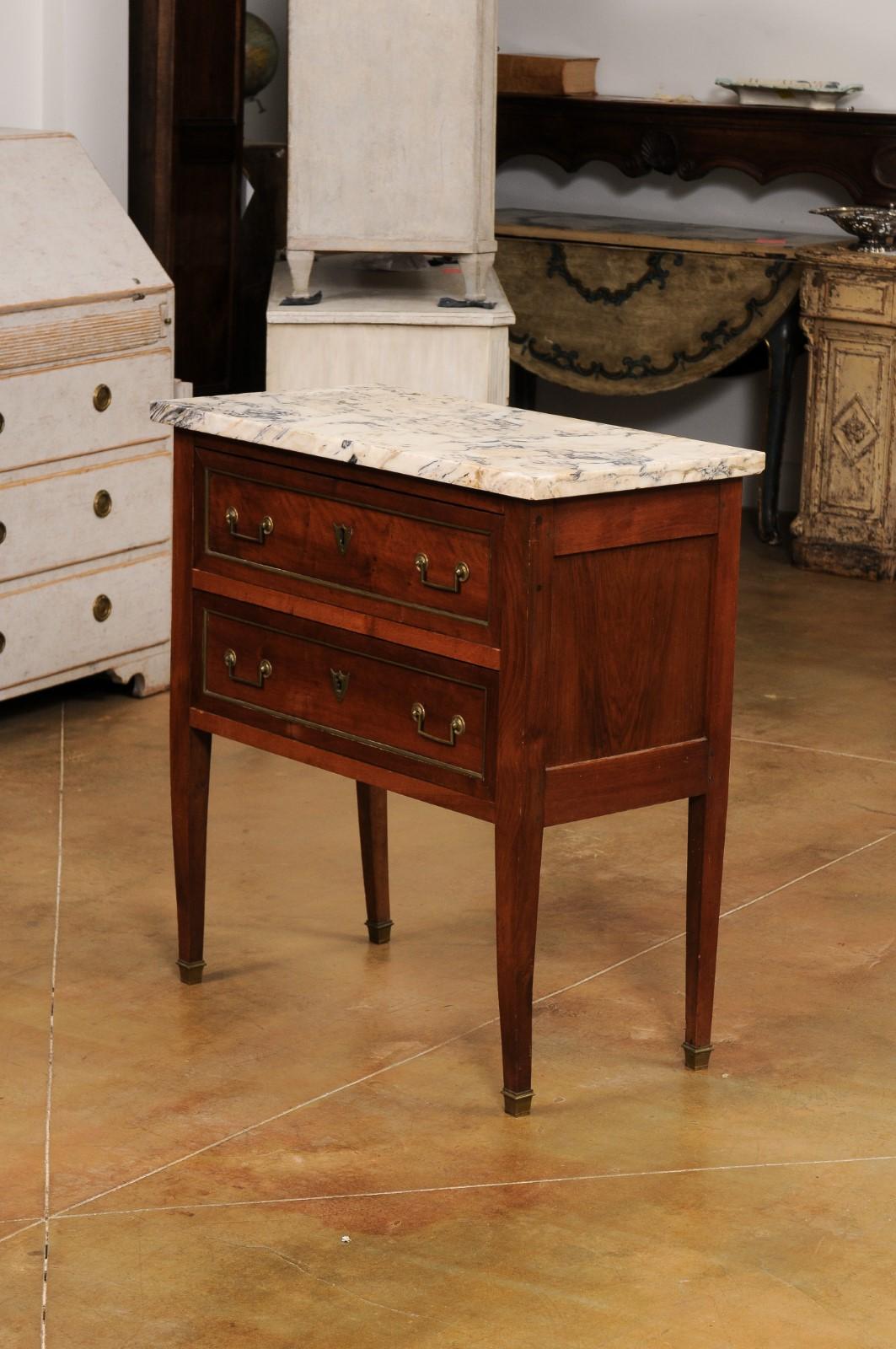 French Louis XVI Style Walnut Commode with Variegated Marble Top and Two Drawers 8