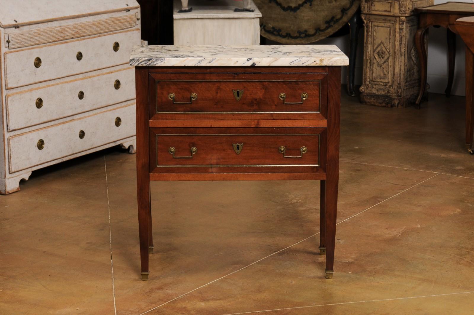 French Louis XVI Style Walnut Commode with Variegated Marble Top and Two Drawers 9