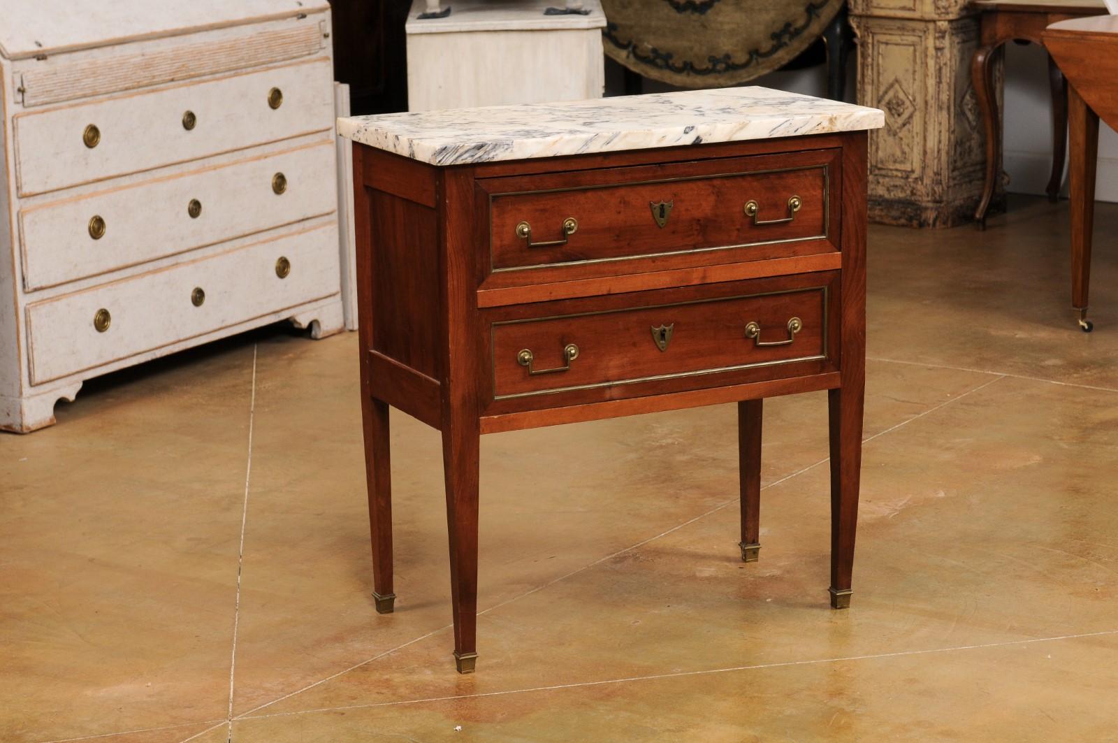 French Louis XVI Style Walnut Commode with Variegated Marble Top and Two Drawers In Good Condition In Atlanta, GA