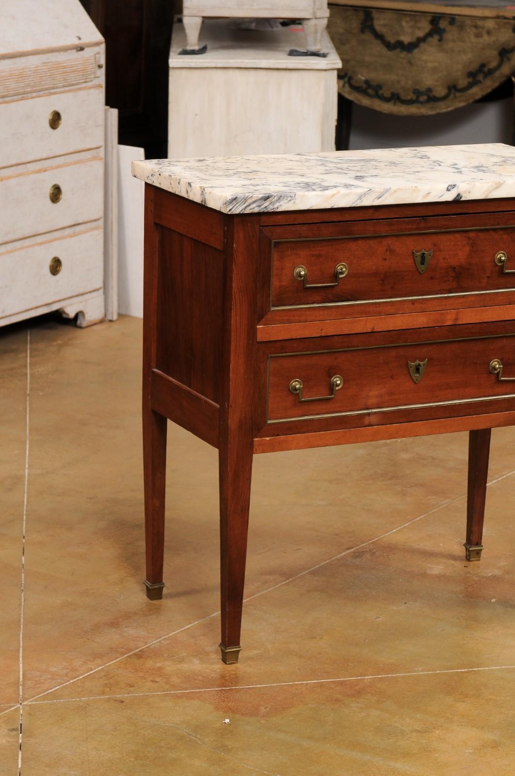19th Century French Louis XVI Style Walnut Commode with Variegated Marble Top and Two Drawers