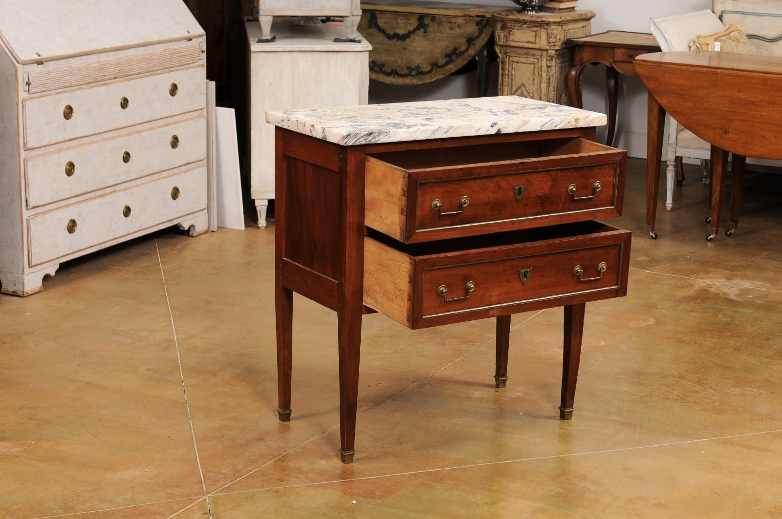 French Louis XVI Style Walnut Commode with Variegated Marble Top and Two Drawers 1