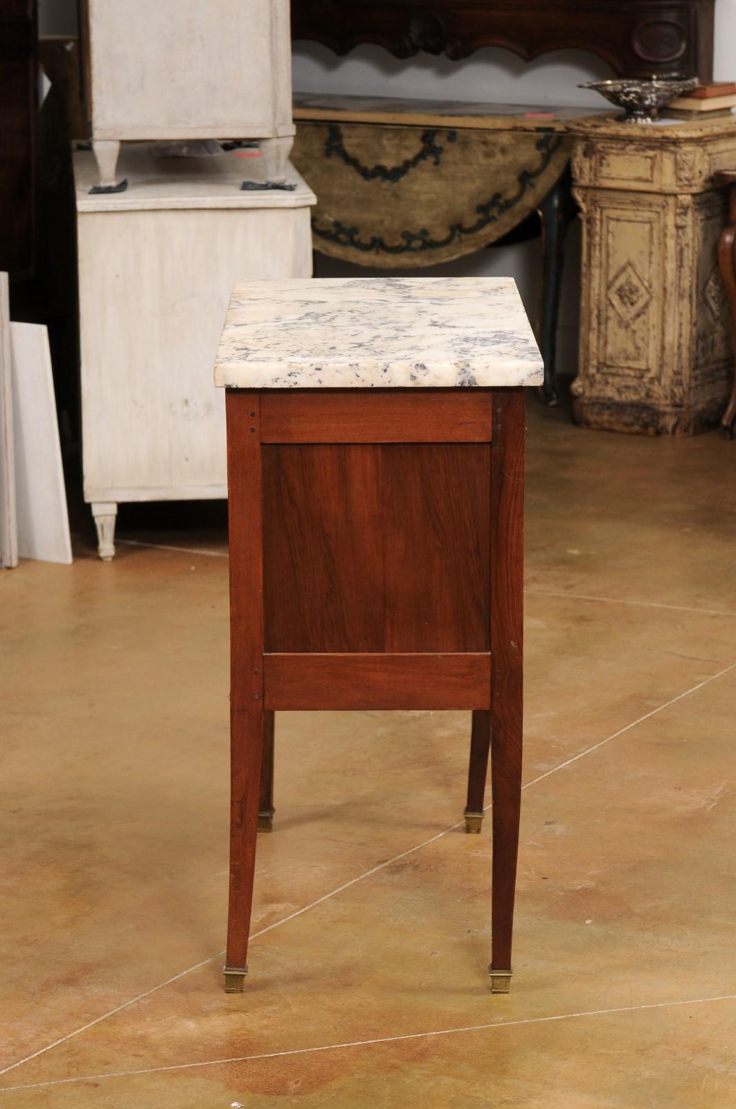 French Louis XVI Style Walnut Commode with Variegated Marble Top and Two Drawers 3