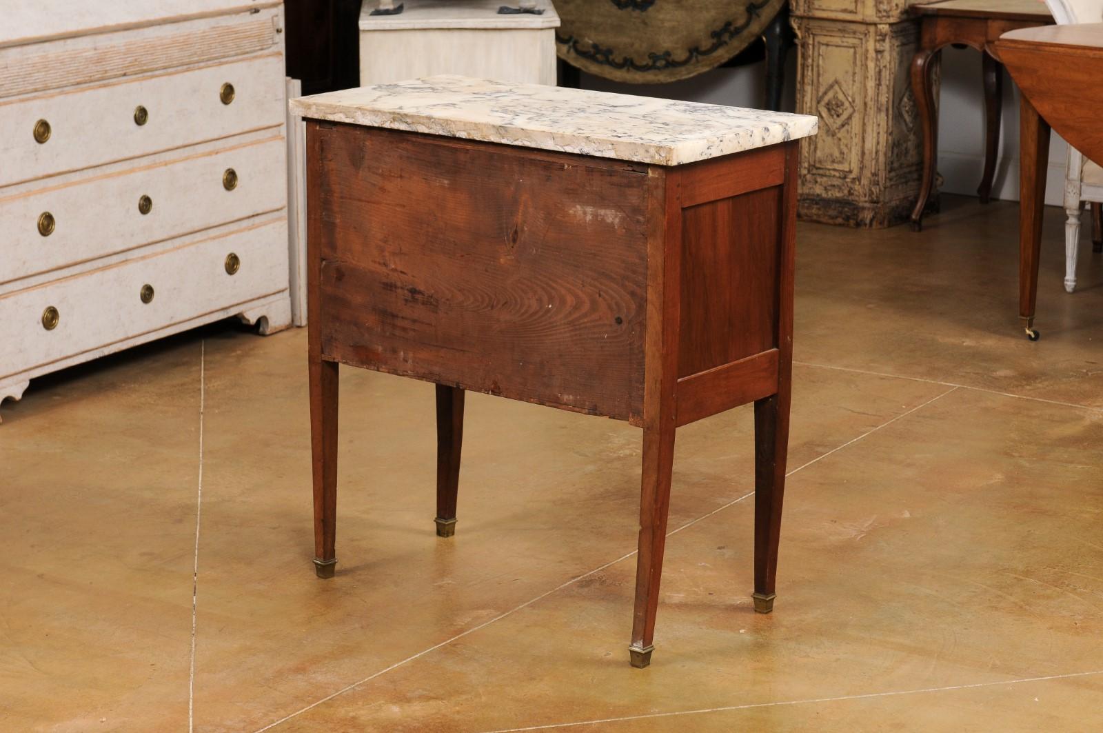 French Louis XVI Style Walnut Commode with Variegated Marble Top and Two Drawers 4