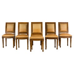 French Louis XVI Style Walnut Dining Chairs in Tan Leather - Set of 6