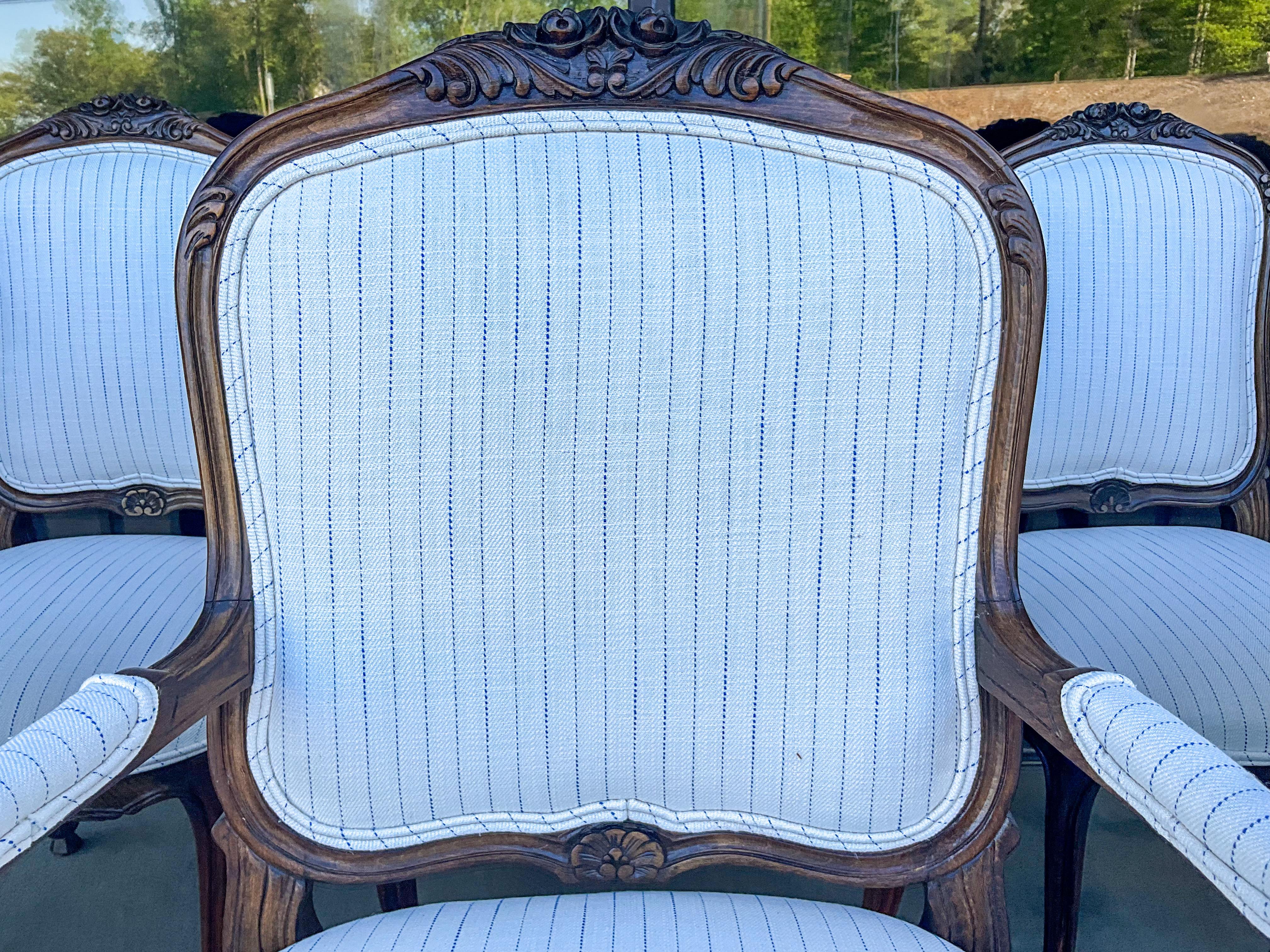 19th Century French Louis XVI Style Walnut Dining Table Chairs in Blue & White Linen, S/8