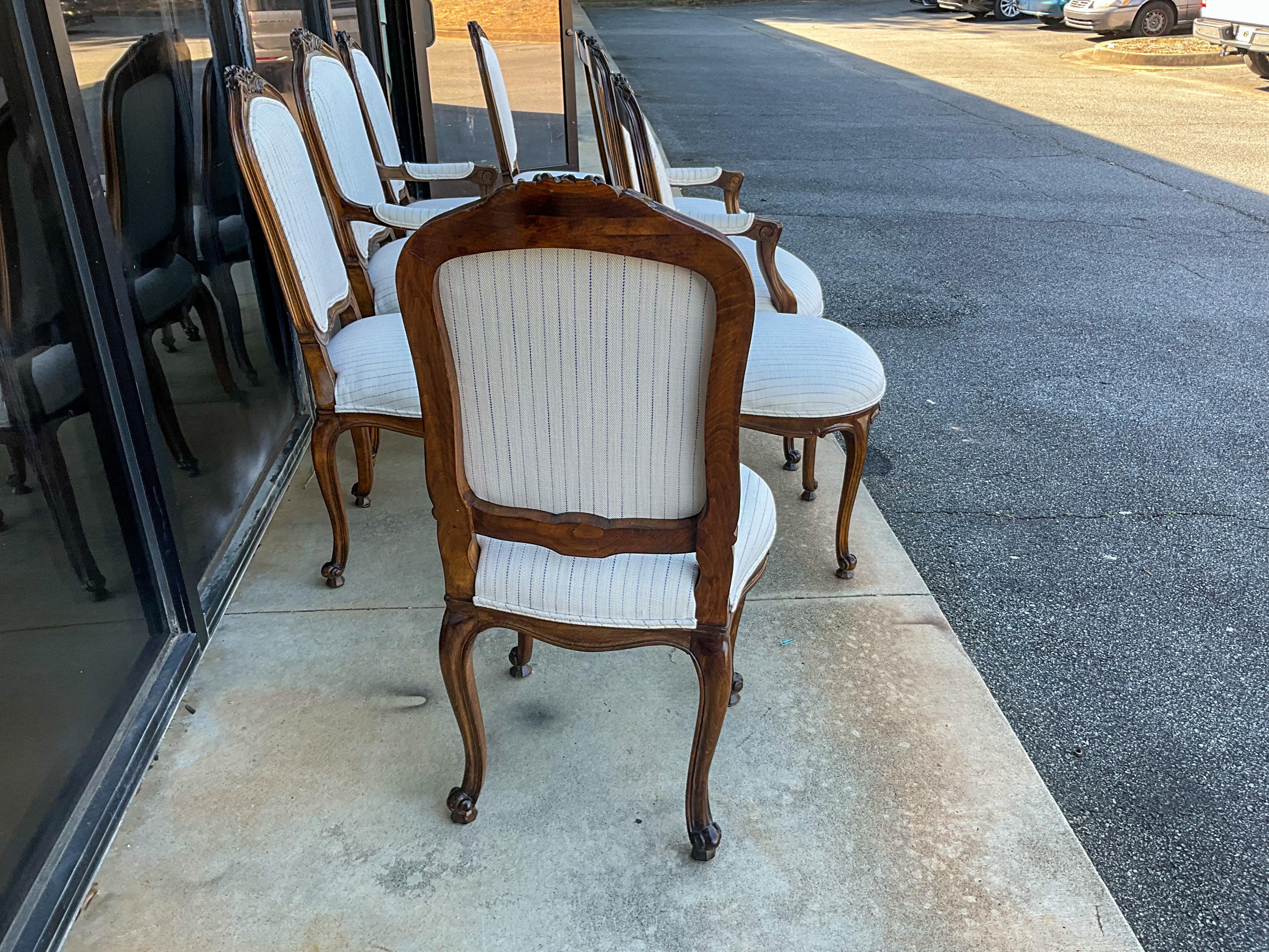Upholstery French Louis XVI Style Walnut Dining Table Chairs in Blue & White Linen, S/8