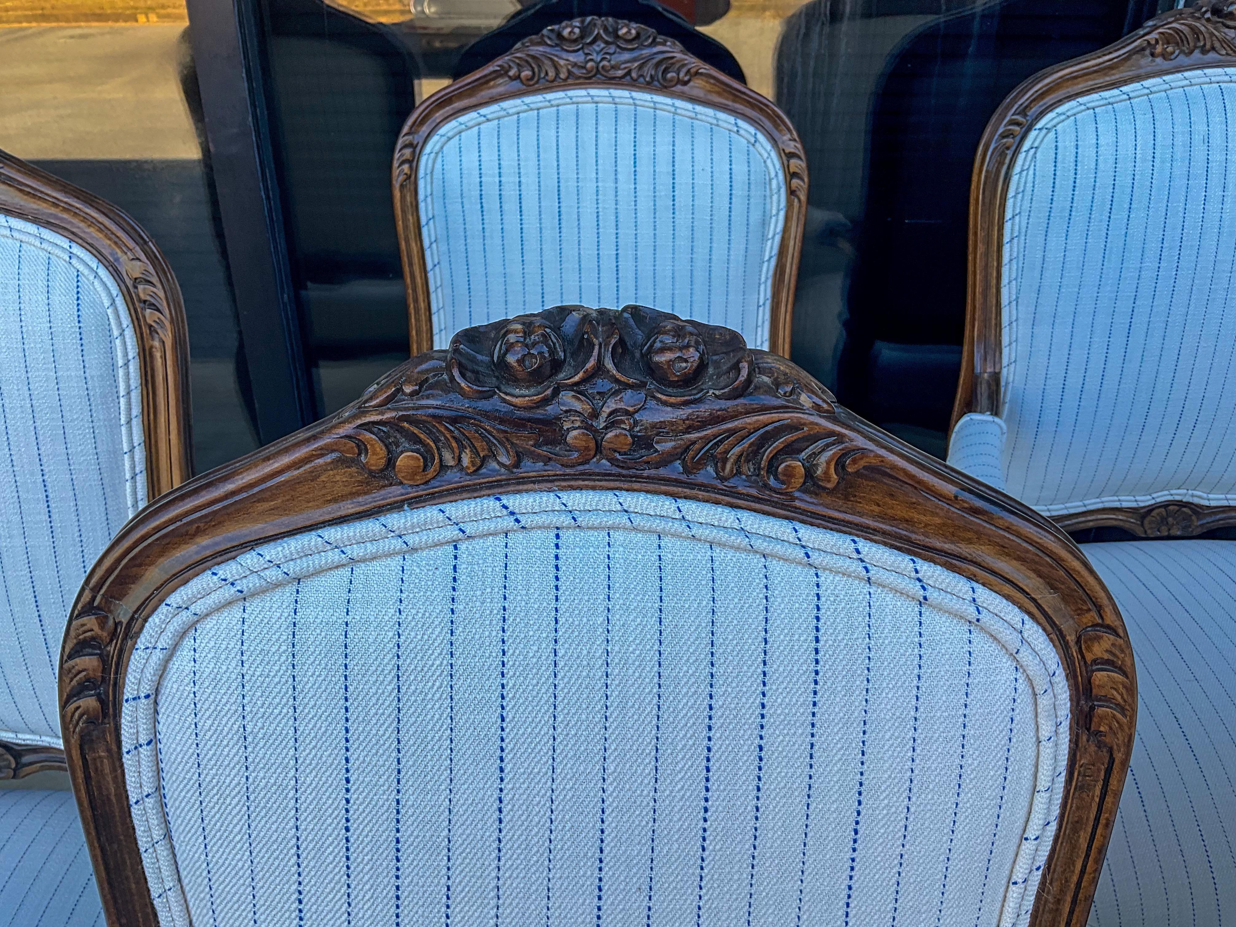 French Louis XVI Style Walnut Dining Table Chairs in Blue & White Linen, S/8 1