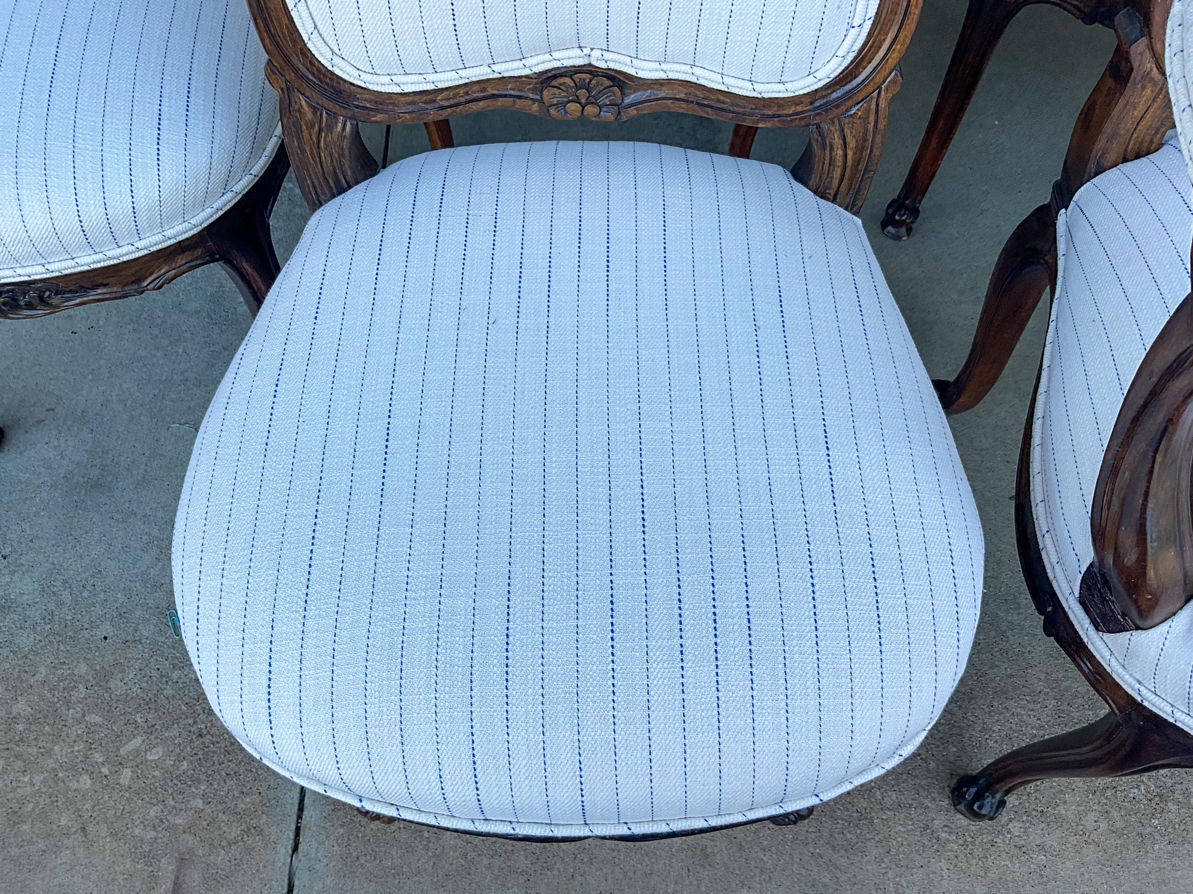 French Louis XVI Style Walnut Dining Table Chairs in Blue & White Linen, S/8 2