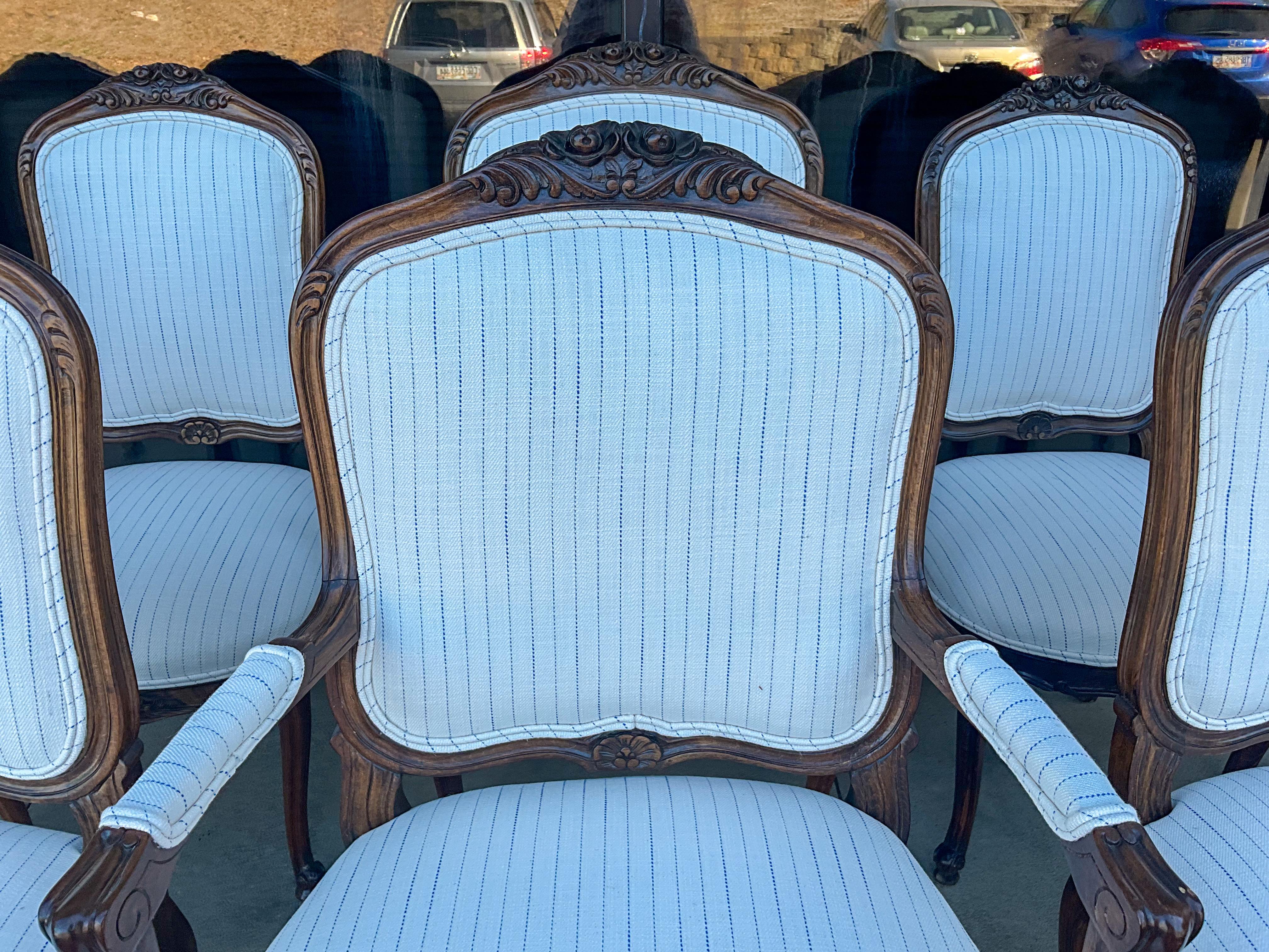 French Louis XVI Style Walnut Dining Table Chairs in Blue & White Linen, S/8 3