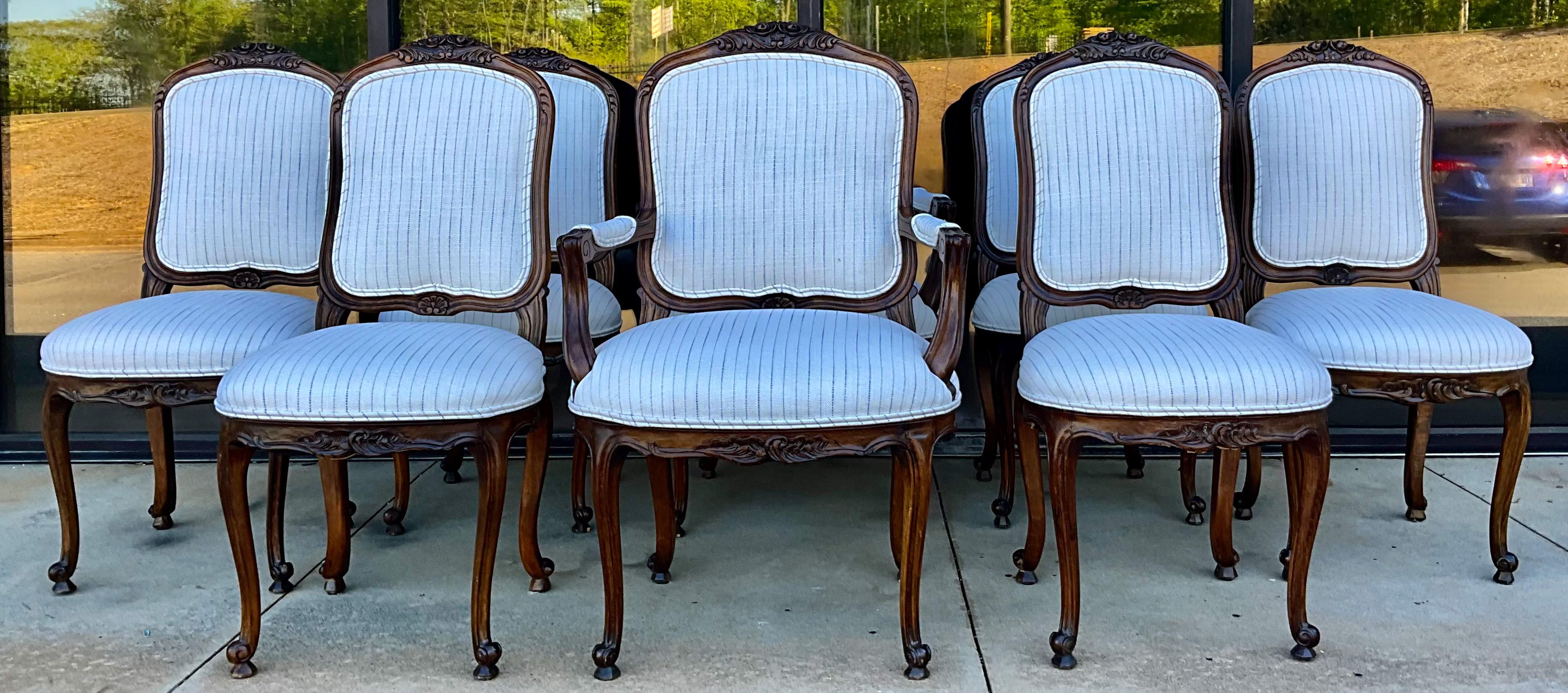 French Louis XVI Style Walnut Dining Table Chairs in Blue & White Linen, S/8 4