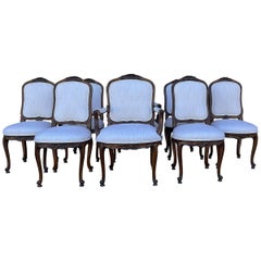 French Louis XVI Style Walnut Dining Table Chairs in Blue & White Linen, S/8