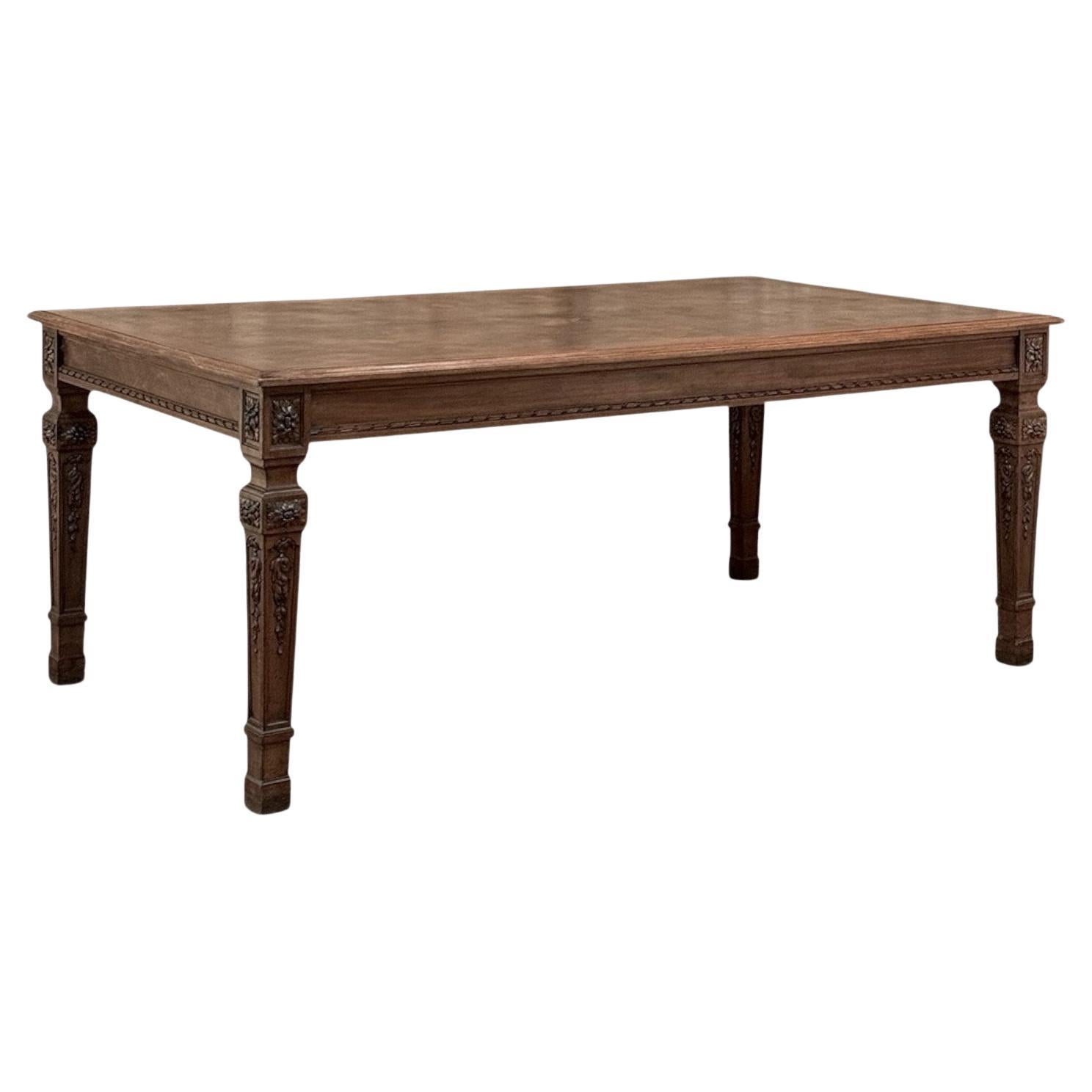 French Louis XVI Style Walnut Dining Table with Parquetry Top