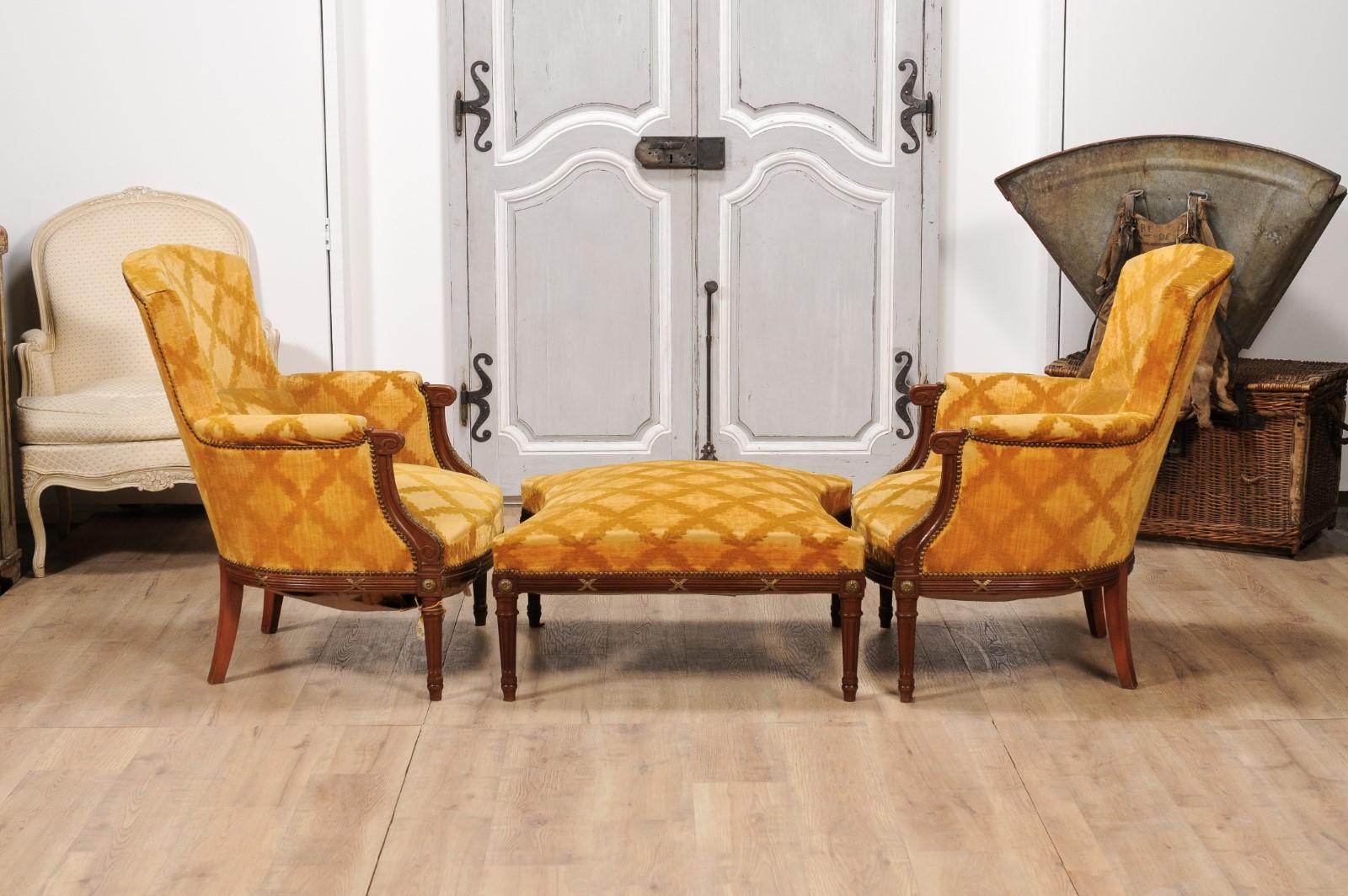 Upholstery French Louis XVI Style Walnut Duchesse Brisée with Gilt X-Form Motifs