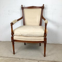 French Louis XVI Style Walnut Fauteuil Armchair, Natural Linen Upholstery