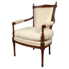 French Louis XVI Style Walnut Fauteuil Armchair, Natural Linen Upholstery