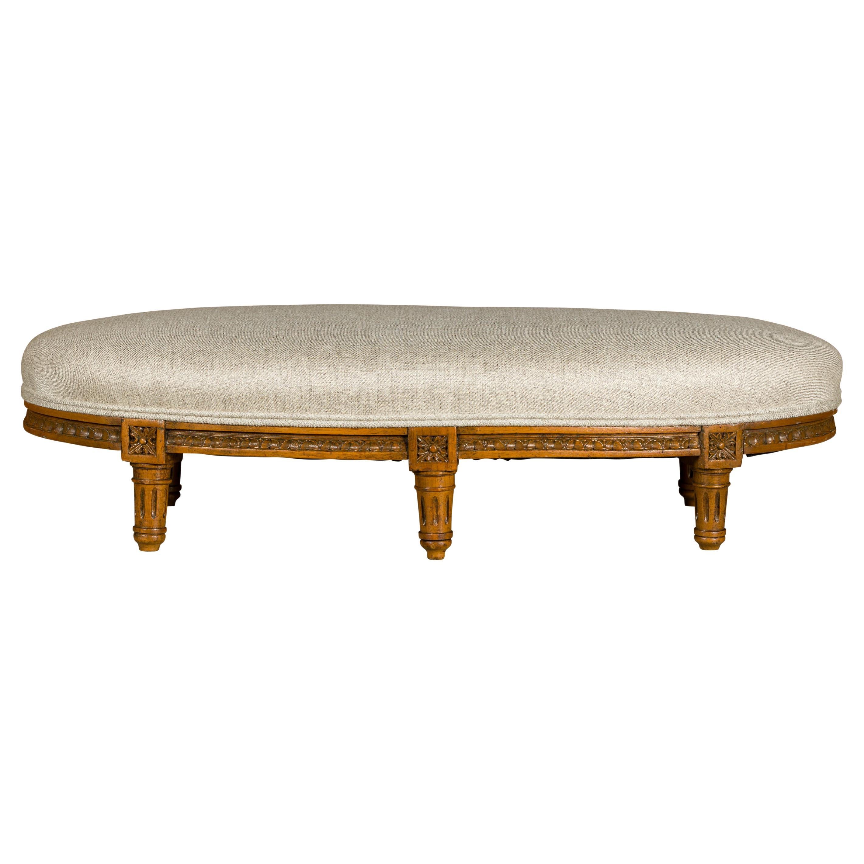 French Louis XVI Style Walnut Footstool with Linen Upholstery, 19th Century