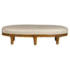 French Louis XVI Style Walnut Footstool with Linen Upholstery, 19th Century
