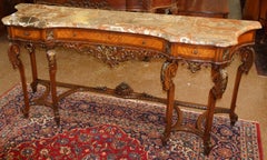 French Louis XVI Style Walnut Inlaid Marble Top Buffet Sideboard Circa 1920's