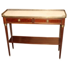 French Louis XVI Style Walnut Marble Top Bronze Mounted Sofa Console Table