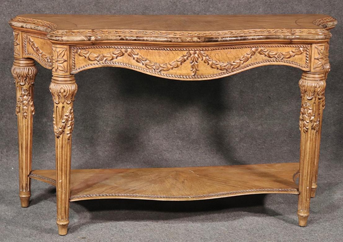 Carved French Louis XVI Style Walnut Marble Trimmed Console Table