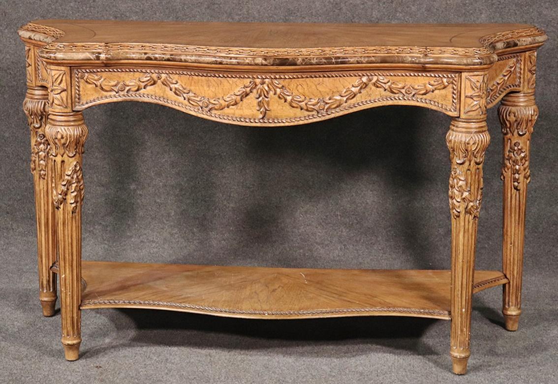 French Louis XVI Style Walnut Marble Trimmed Console Table In Good Condition In Swedesboro, NJ
