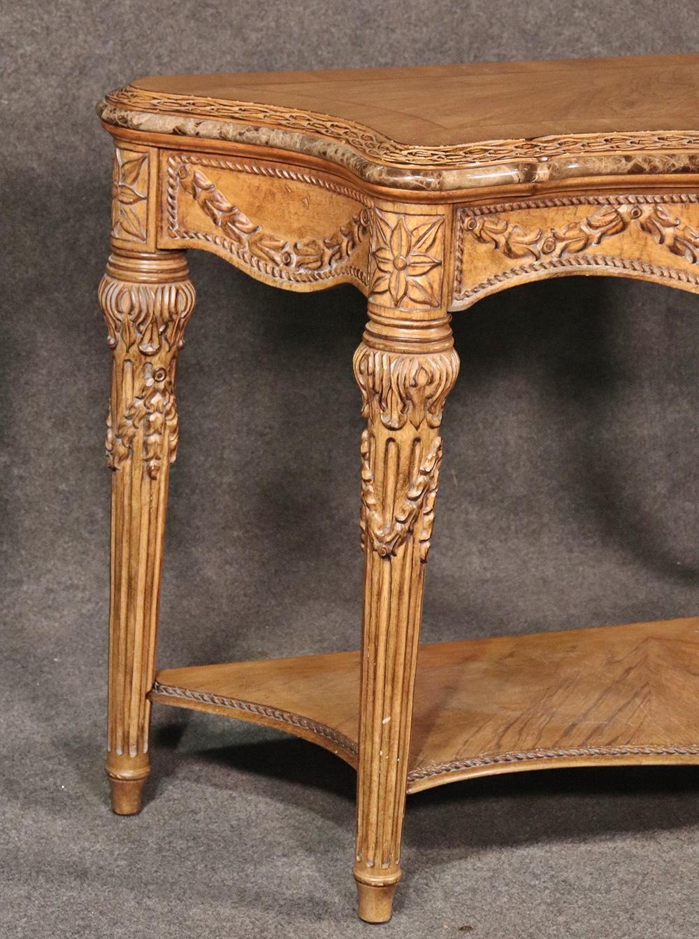 20th Century French Louis XVI Style Walnut Marble Trimmed Console Table