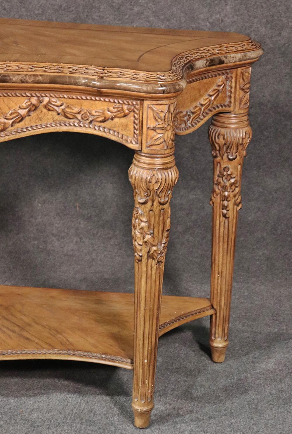 French Louis XVI Style Walnut Marble Trimmed Console Table 1