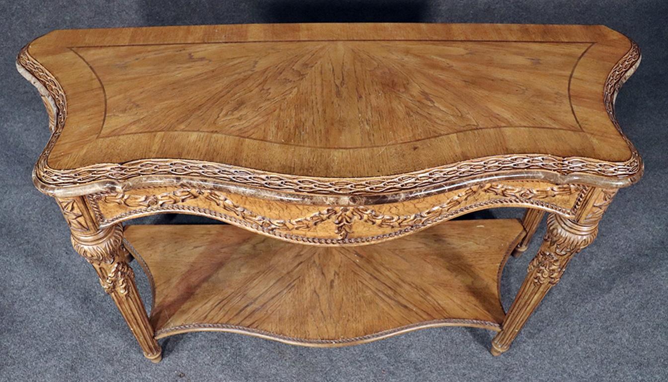 French Louis XVI Style Walnut Marble Trimmed Console Table 3