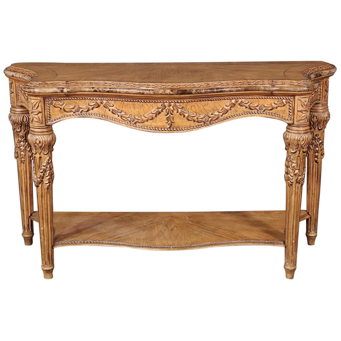 French Louis XVI Style Walnut Marble Trimmed Console Table
