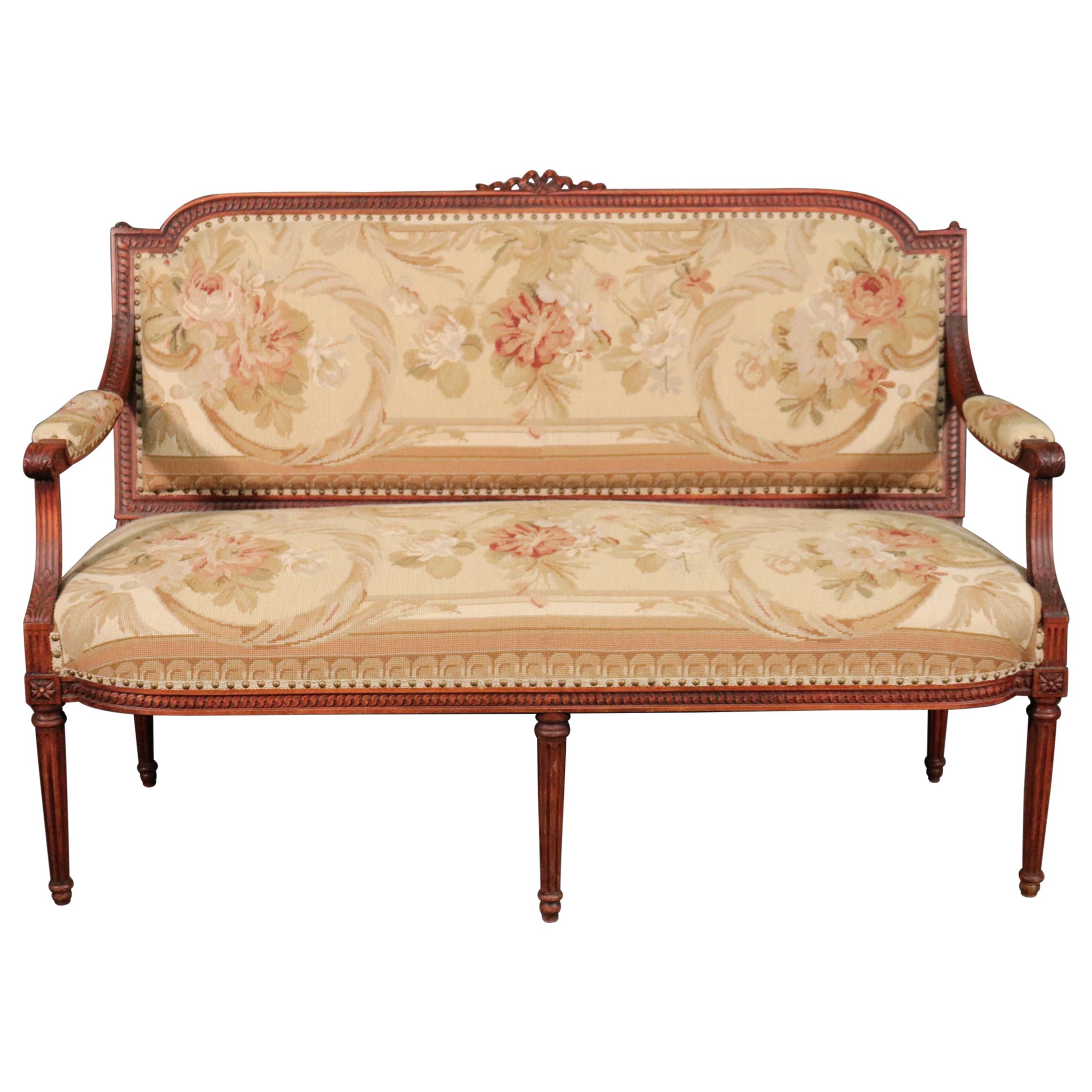 French Louis XVI Style Walnut Settee Canape with Tapestry Upholstery, circa 1930