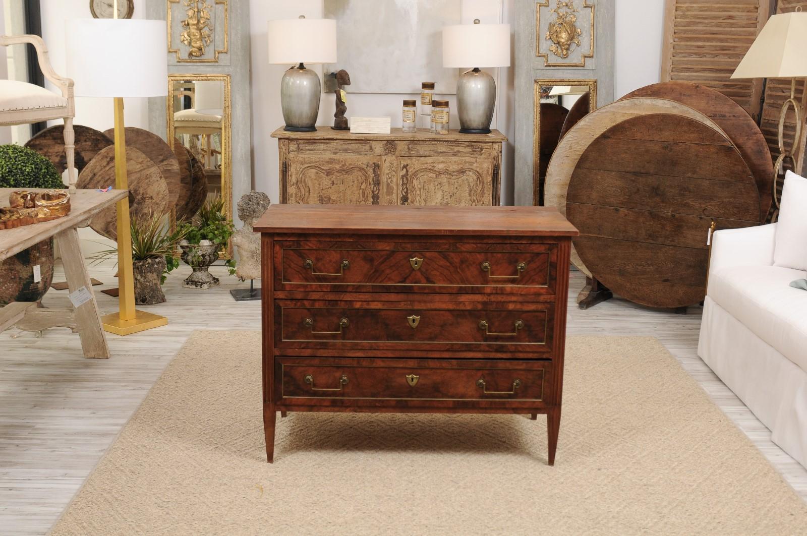 French Louis XVI Style Walnut Three-Drawer Commode with Brass Accents, 1870s 6