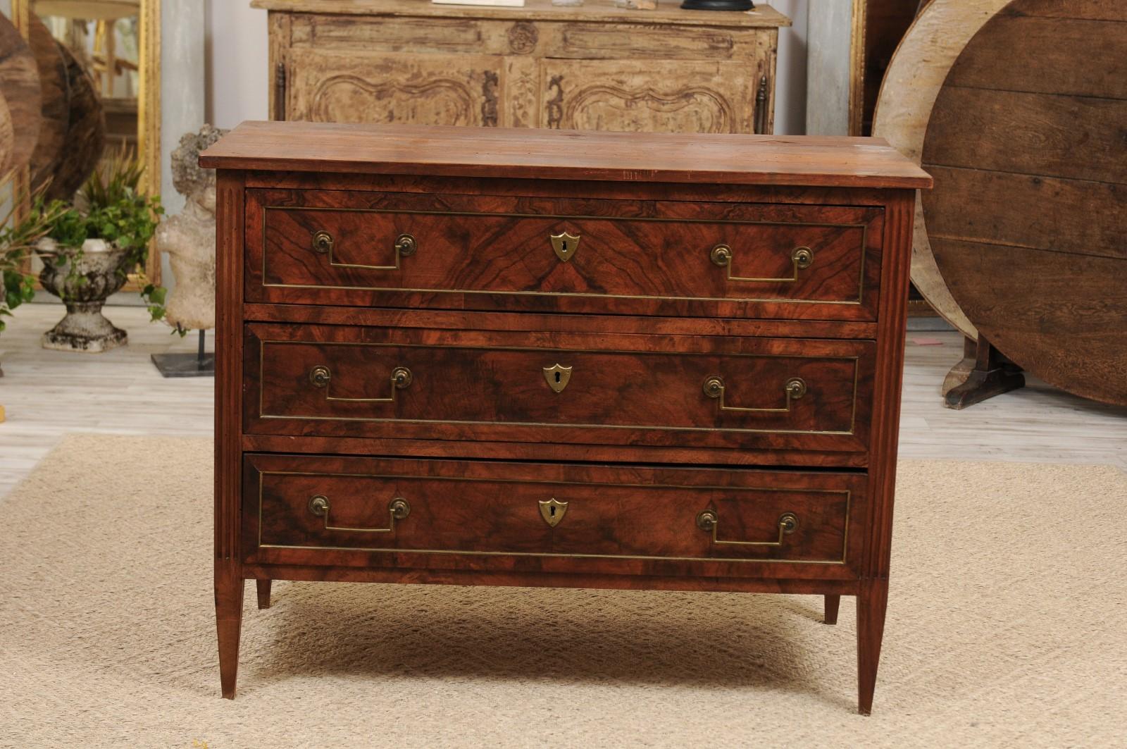 French Louis XVI Style Walnut Three-Drawer Commode with Brass Accents, 1870s 7