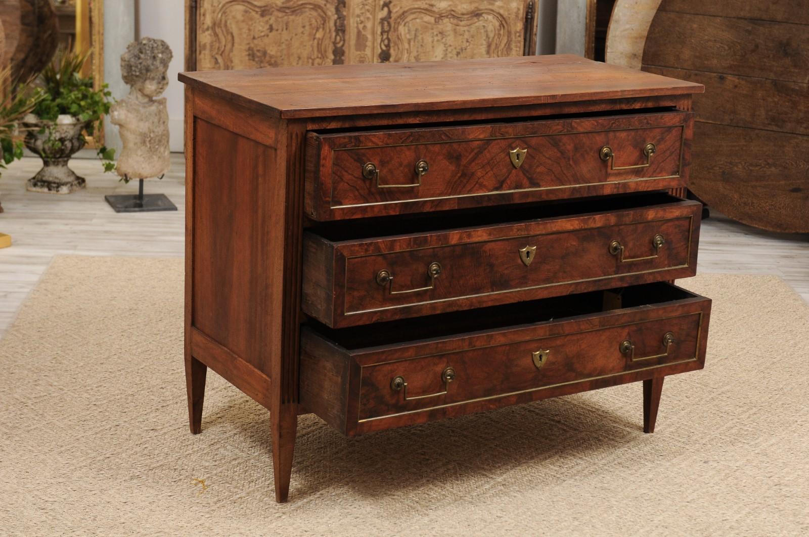 French Louis XVI Style Walnut Three-Drawer Commode with Brass Accents, 1870s 4