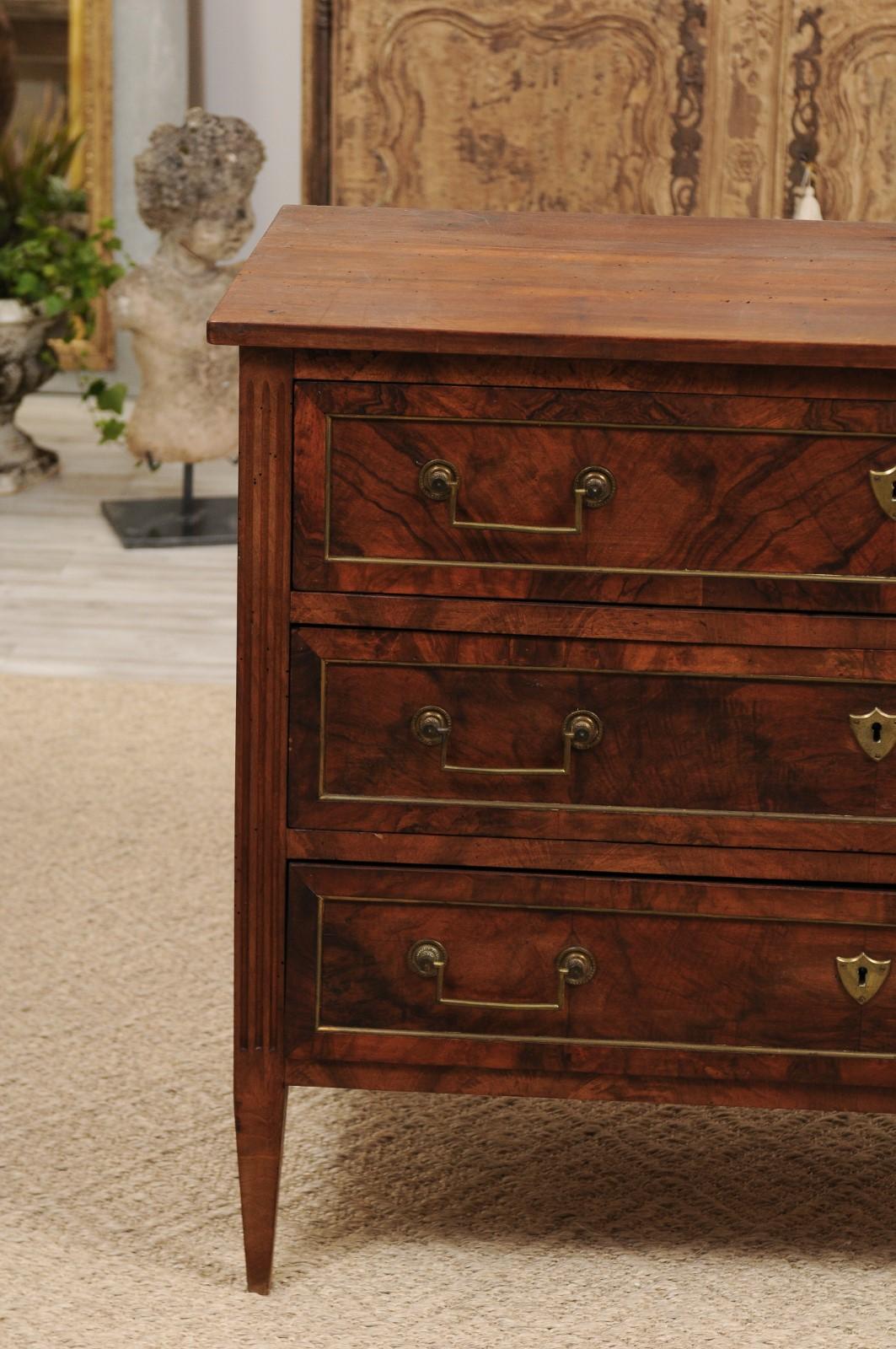 French Louis XVI Style Walnut Three-Drawer Commode with Brass Accents, 1870s 5