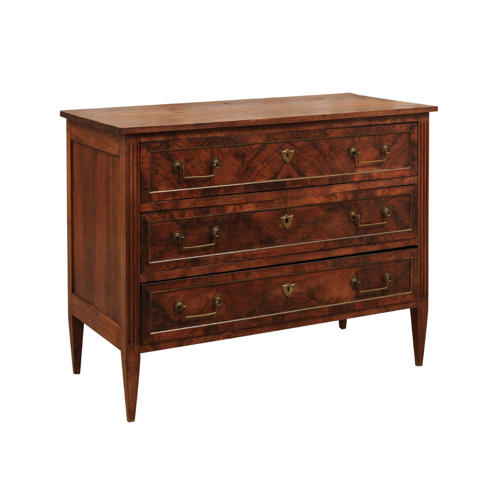 French Louis XVI Style Walnut Three-Drawer Commode with Brass Accents, 1870s