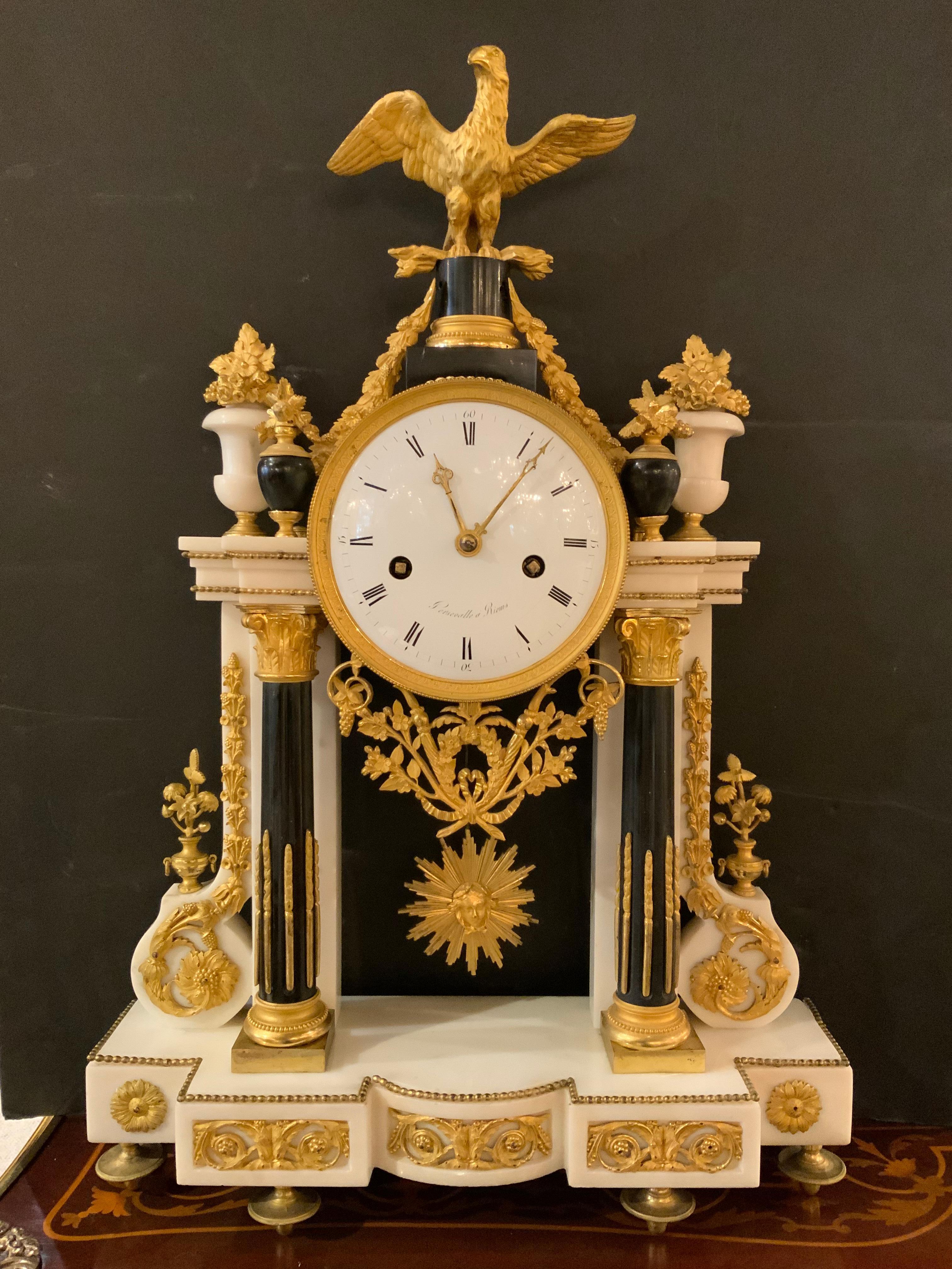 French Louis XVI-Style White Carrara Marble Portico Clock, Early 19th C. 6