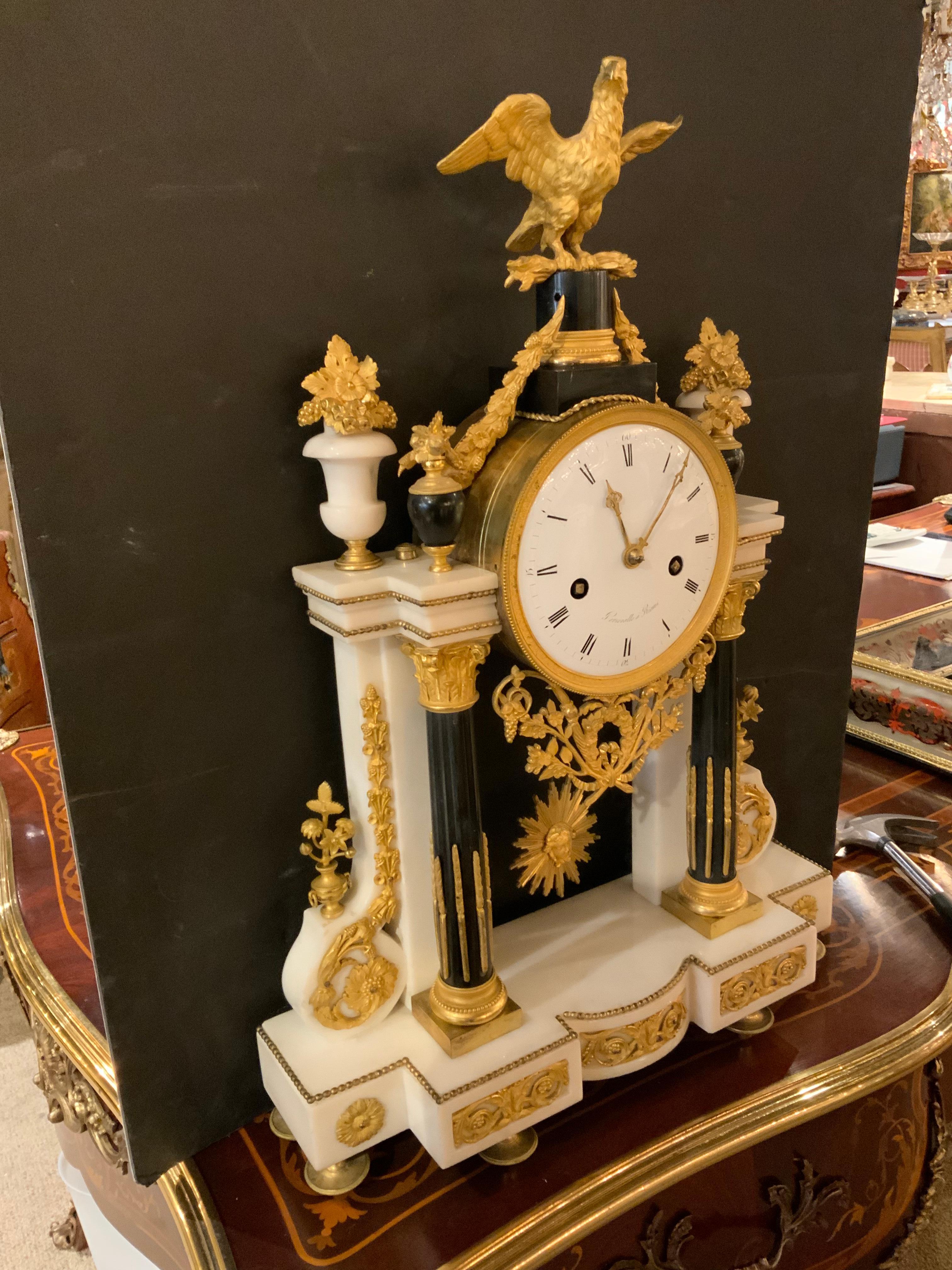 French Louis XVI-Style White Carrara Marble Portico Clock, Early 19th C. 1