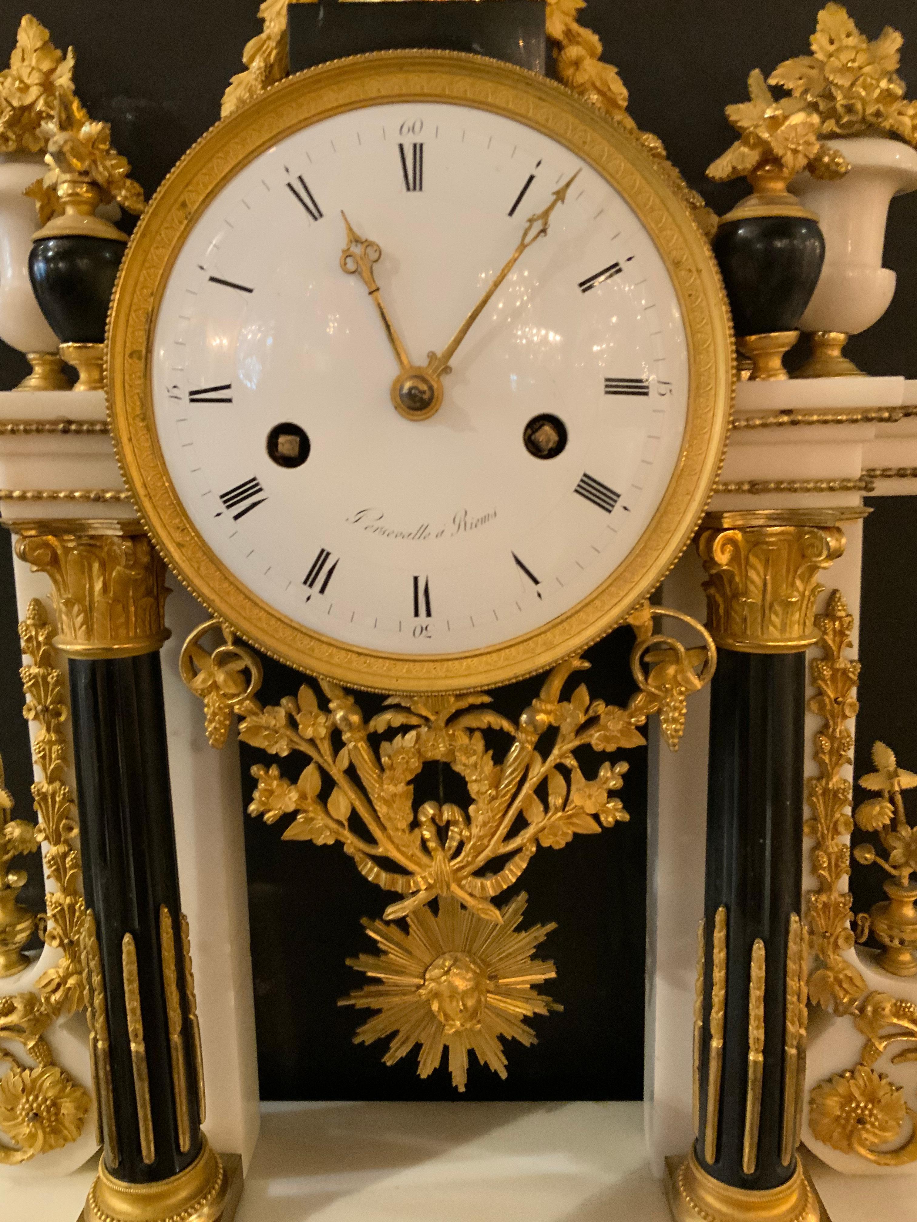 French Louis XVI-Style White Carrara Marble Portico Clock, Early 19th C. 5
