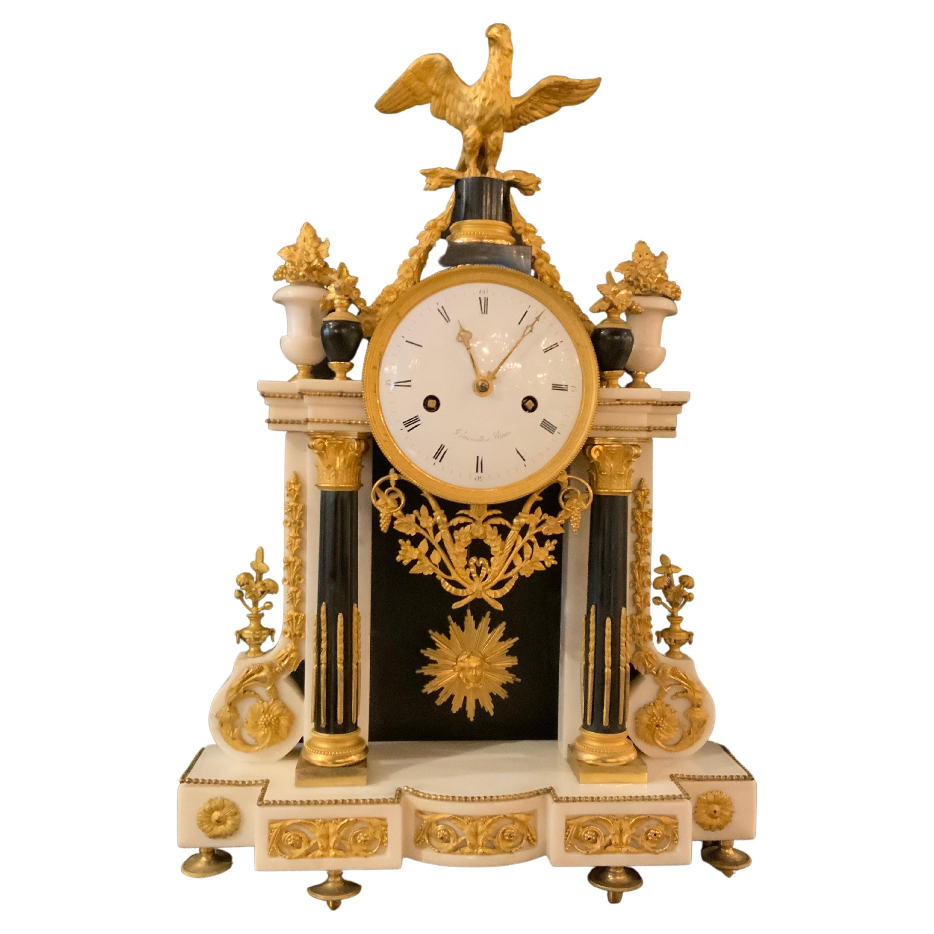 French Louis XVI-Style White Carrara Marble Portico Clock, Early 19th C.