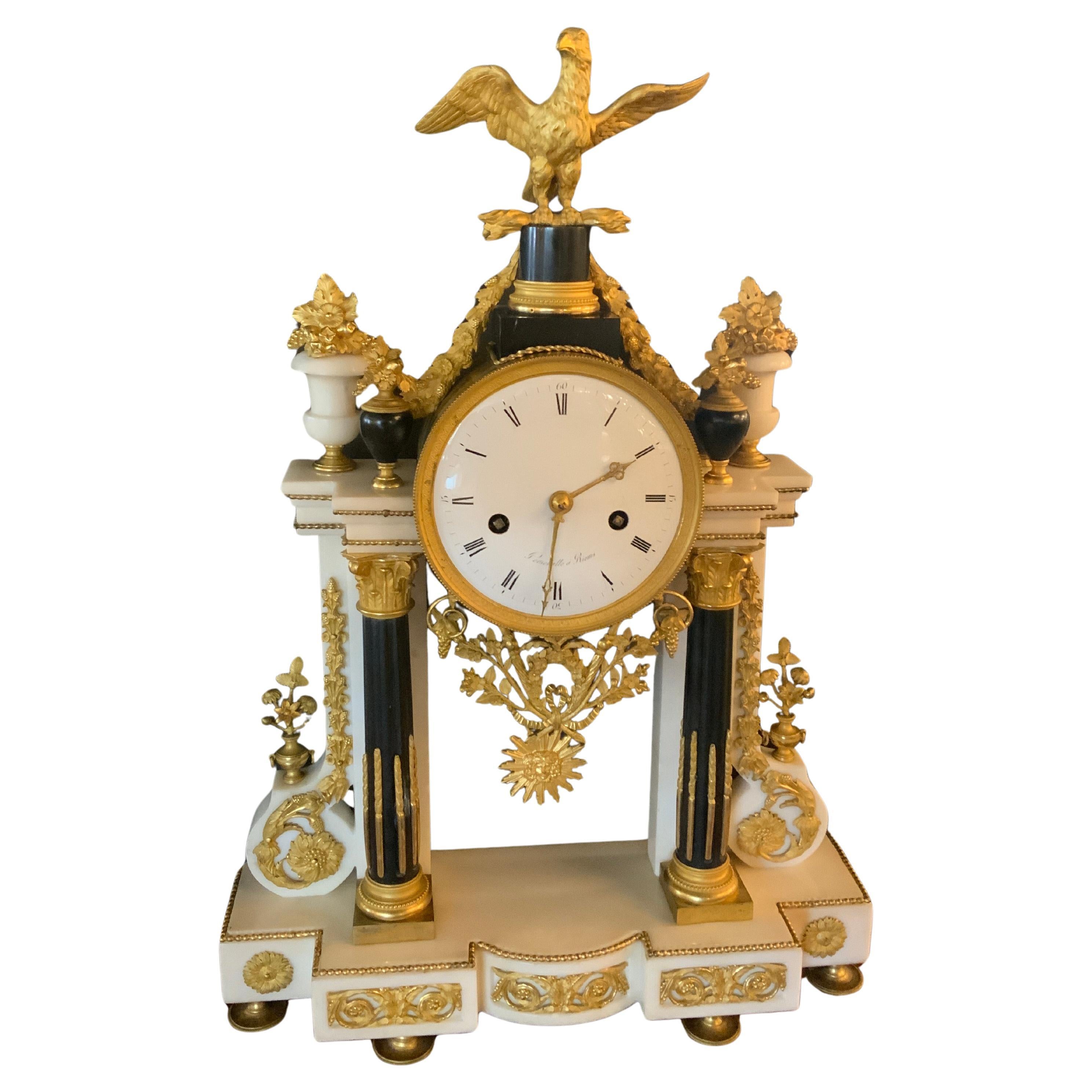 French Louis XVI-Style White Carrara Marble Portico Clock, Early 19th C.