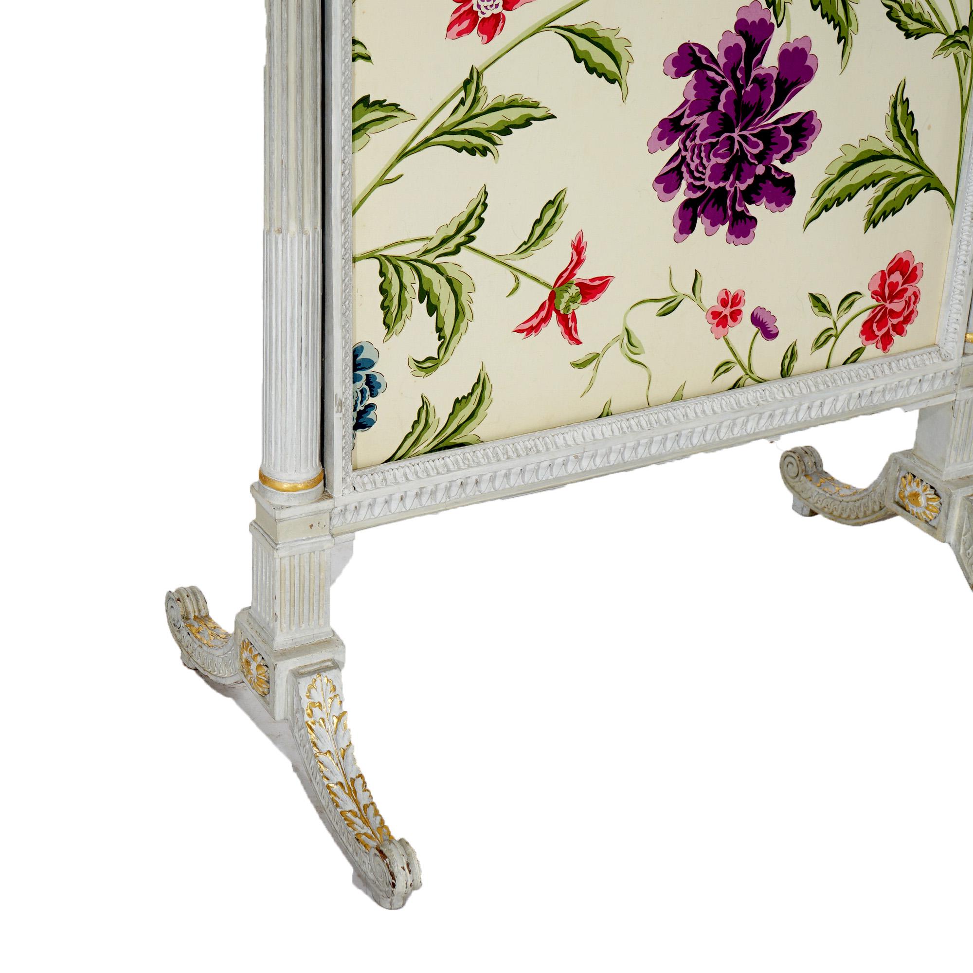 French Louis XVI Style White & Gilt Fire Screen with Floral Fabric, 20th C For Sale 8