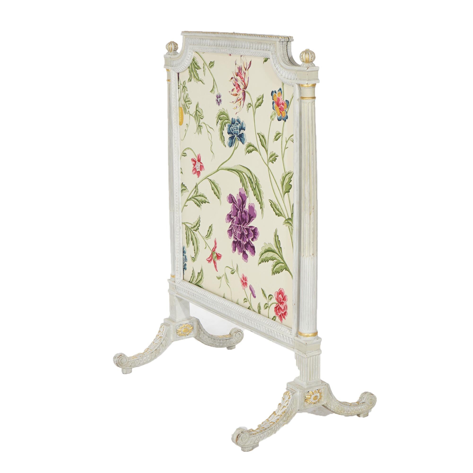 French Louis XVI Style White & Gilt Fire Screen with Floral Fabric, 20th C For Sale 12