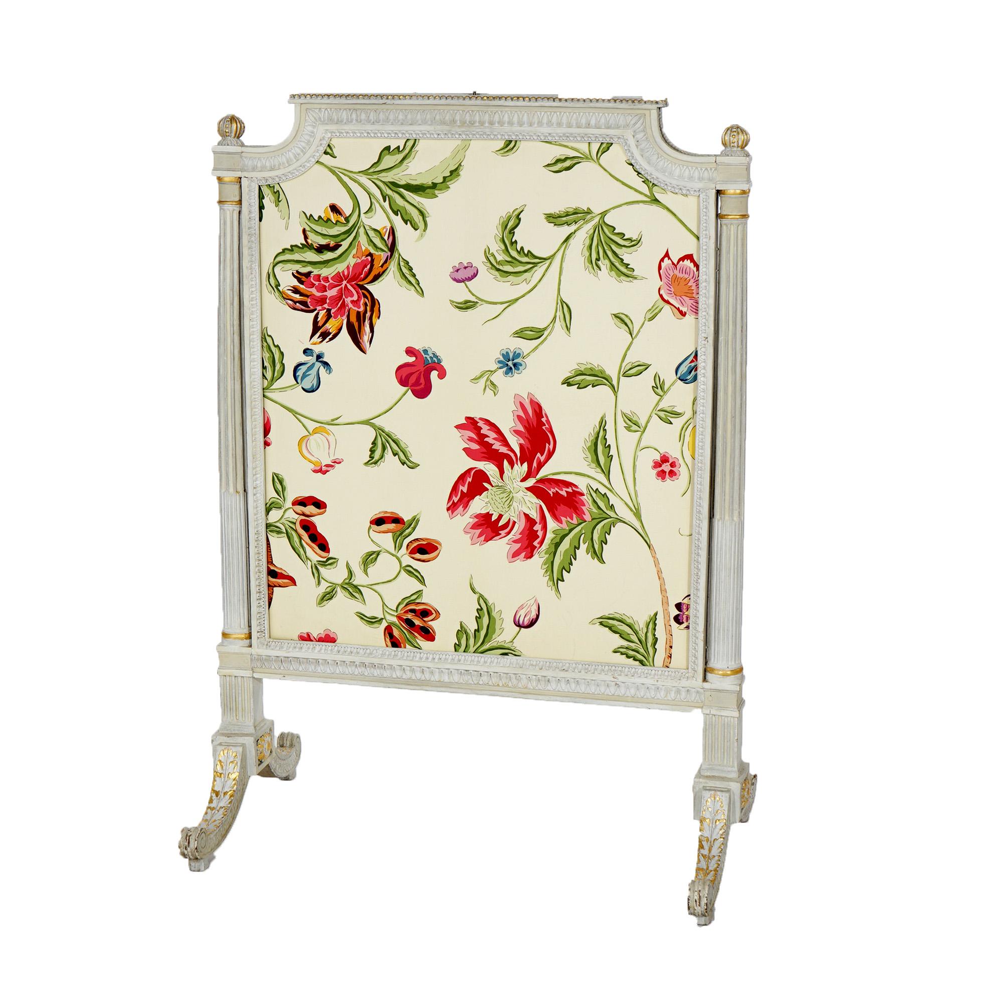 20th Century French Louis XVI Style White & Gilt Fire Screen with Floral Fabric, 20th C For Sale