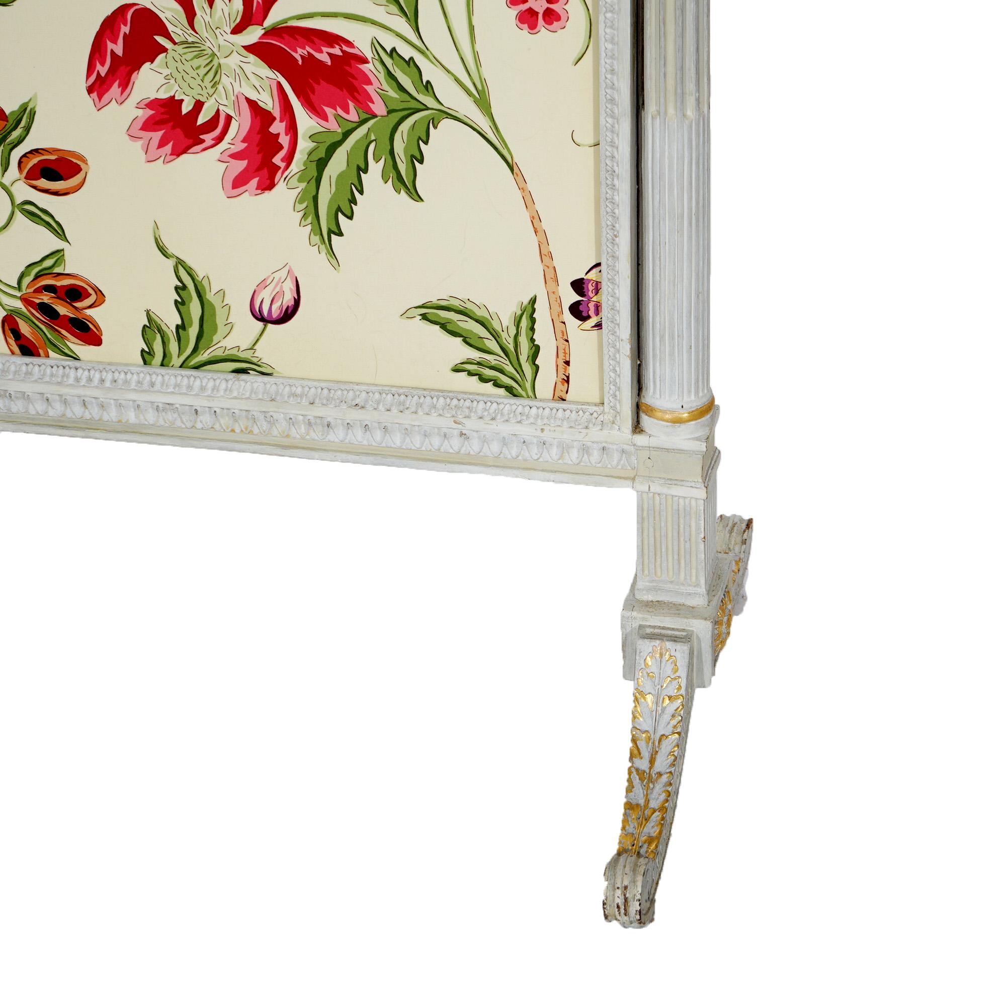French Louis XVI Style White & Gilt Fire Screen with Floral Fabric, 20th C For Sale 1