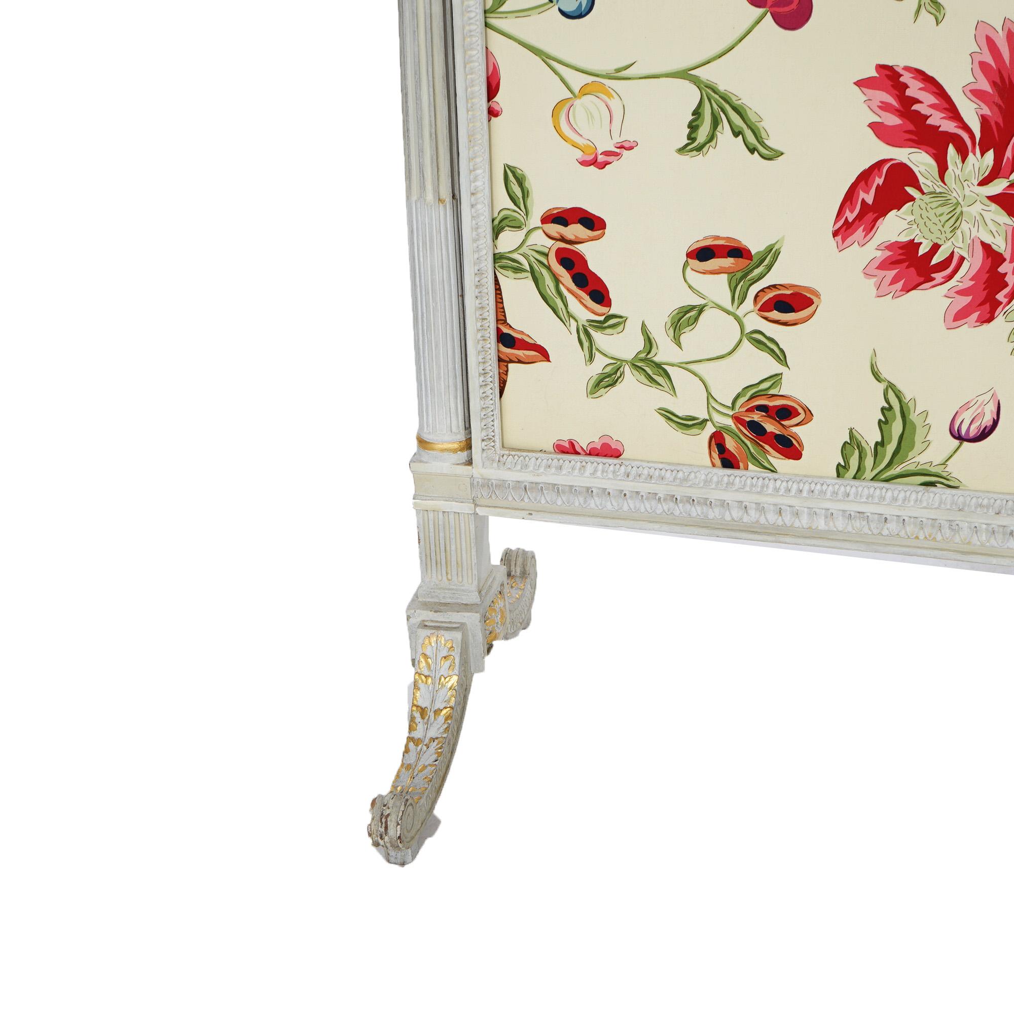 French Louis XVI Style White & Gilt Fire Screen with Floral Fabric, 20th C For Sale 2